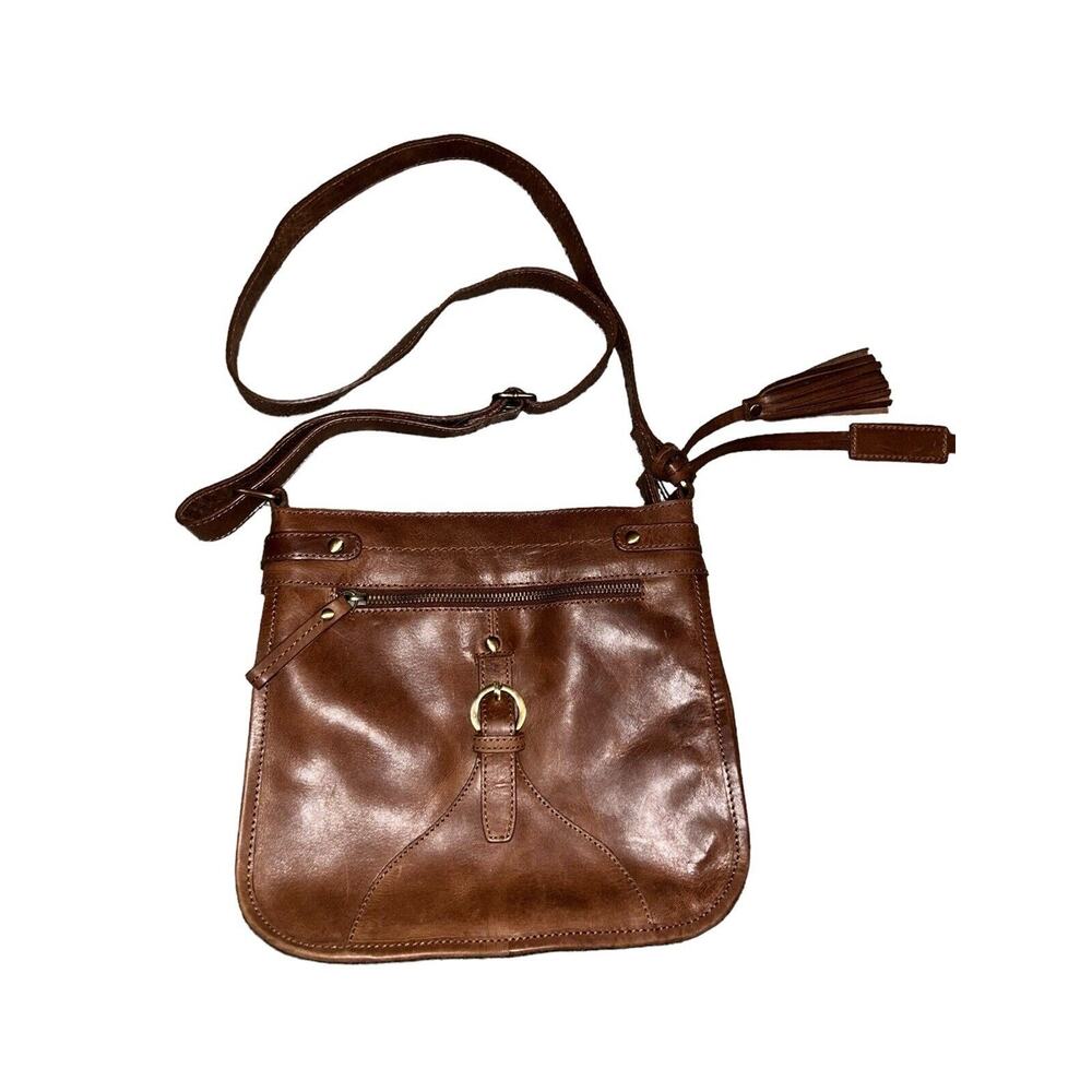 Diba True Women Brown Leather Zipper‎ Outer Pockets Crossbody Strap Shoulder Bag
